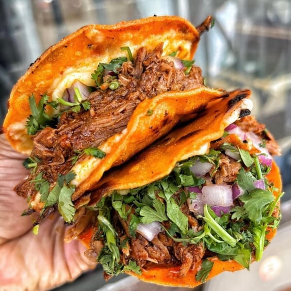 Two birria tacos from Cafe772 Cantina & Grill, filled with meat, cilantro, and red onions.