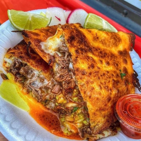 Close-up of two golden-brown birria tacos filled with meat, cheese, and salsa, garnished with lime and radish.